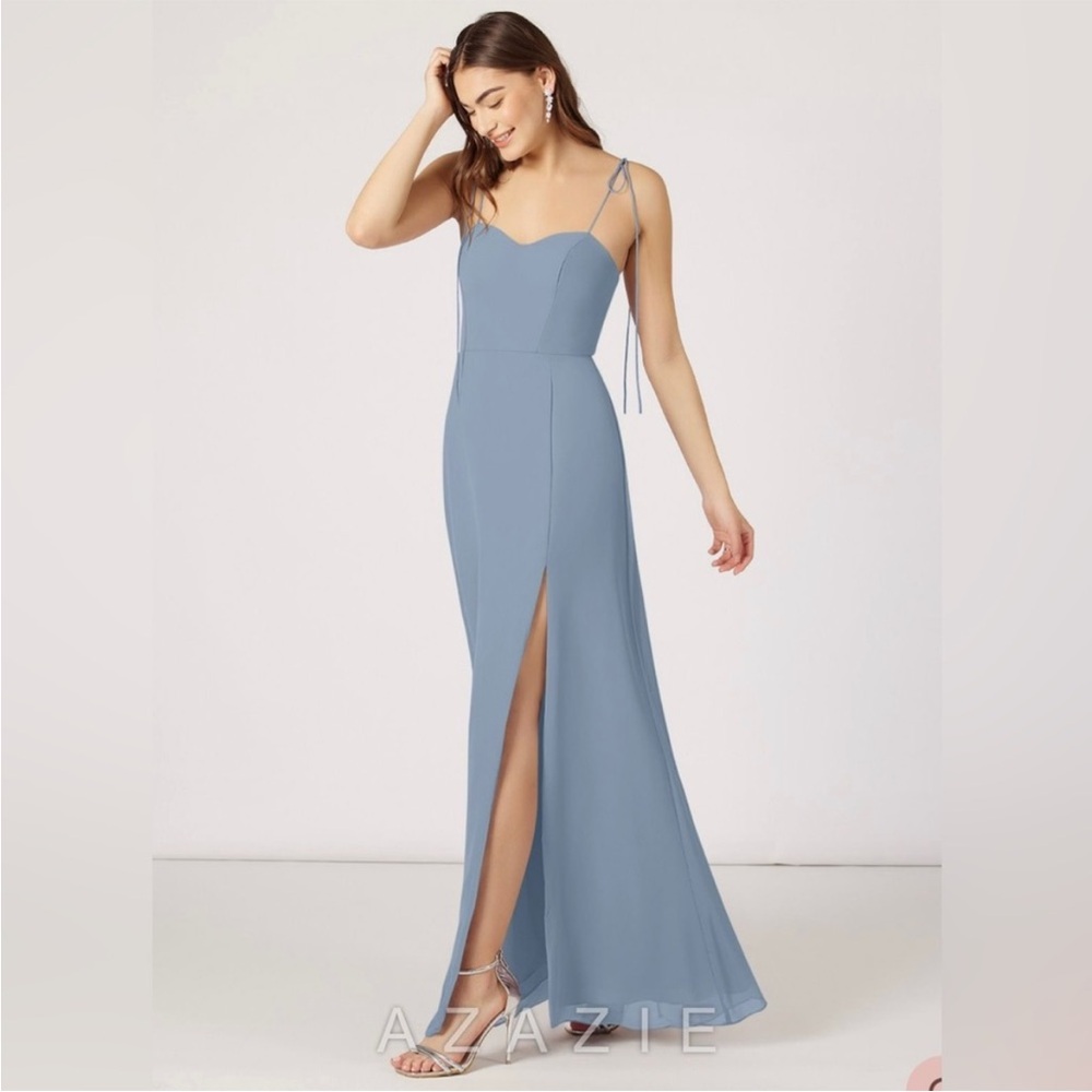 NWT Azazie Rosey size 0 dusty blue bridesmaid dress wedding sweetheart fall